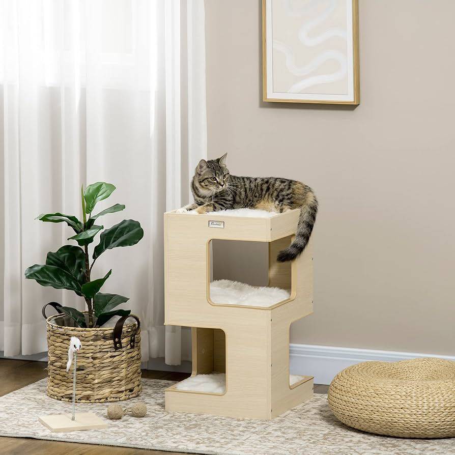 24" Beige Modern Cat Tree with 3 Levels Top Scratching Pad TRENDYPET'S ZONE