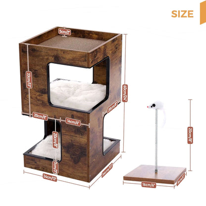 24" Rustic Brown Modern Cat Tree House with Scratching Pad TRENDYPET'S ZONE