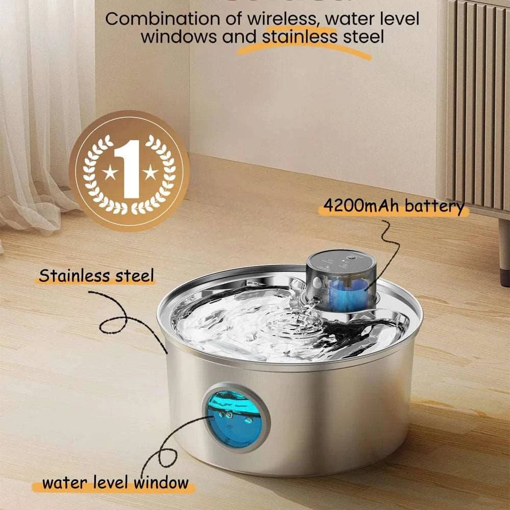 3.2L Stainless Steel Wireless Pet Water Fountain Battery Powered Smart Induction Sensor Silent Filtration Automatic Water Dispenser - Trendypet's Zone