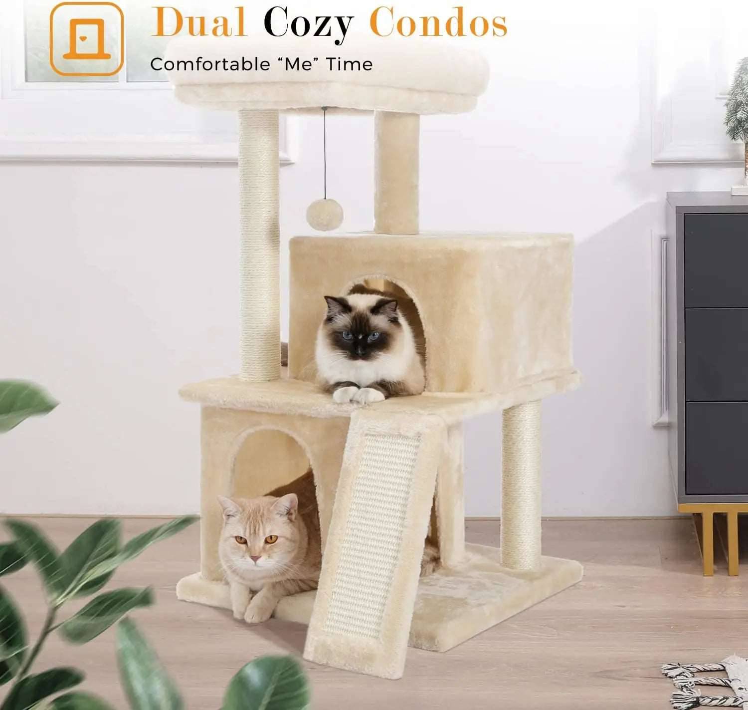 34" Beige Cat Tower with Double Condos, Spacious Perch, Fully Wrapped Scratching Sisal Posts and Replaceable Dangling Balls TRENDYPET'S ZONE