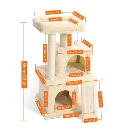 34" Beige Cat Tower with Double Condos, Spacious Perch, Fully Wrapped Scratching Sisal Posts and Replaceable Dangling Balls TRENDYPET'S ZONE