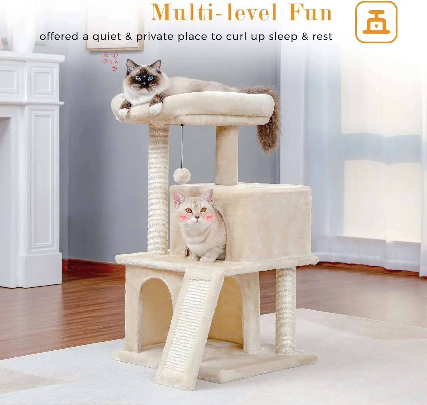 34" Beige Cat Tower with Double Condos, Spacious Perch, Fully Wrapped Scratching Sisal Posts and Replaceable Dangling Balls TRENDYPET'S ZONE