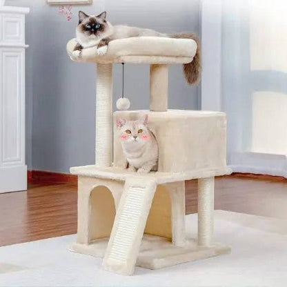 34" Beige Cat Tower with Double Condos, Spacious Perch, Fully Wrapped Scratching Sisal Posts and Replaceable Dangling Balls TRENDYPET'S ZONE