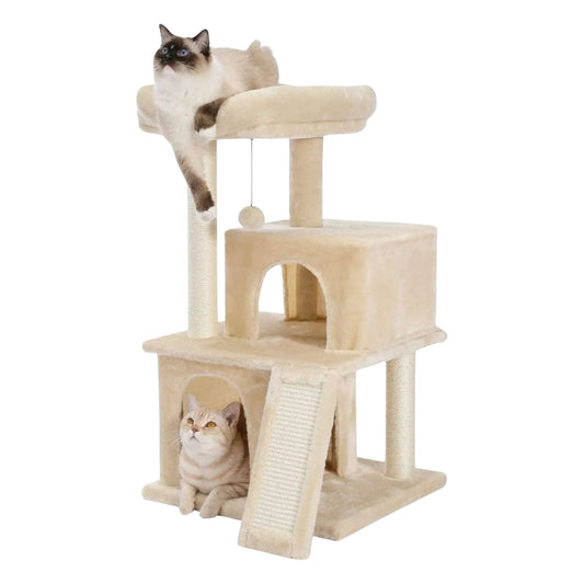 34" Beige Cat Tower with Double Condos, Spacious Perch, Fully Wrapped Scratching Sisal Posts and Replaceable Dangling Balls TRENDYPET'S ZONE