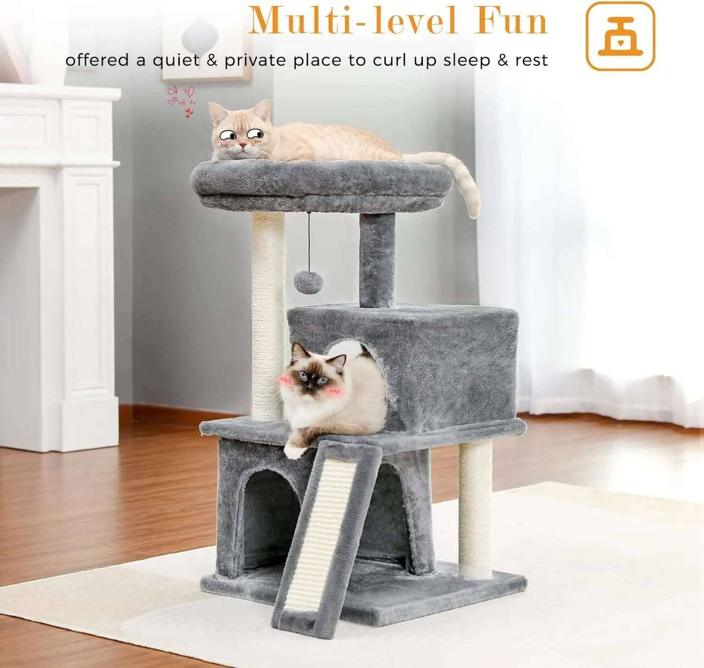 34" Grey Cat Tower with Double Condos, Spacious Perch, Fully Wrapped Scratching Sisal Posts and Replaceable Dangling Balls - Trendypet's Zone