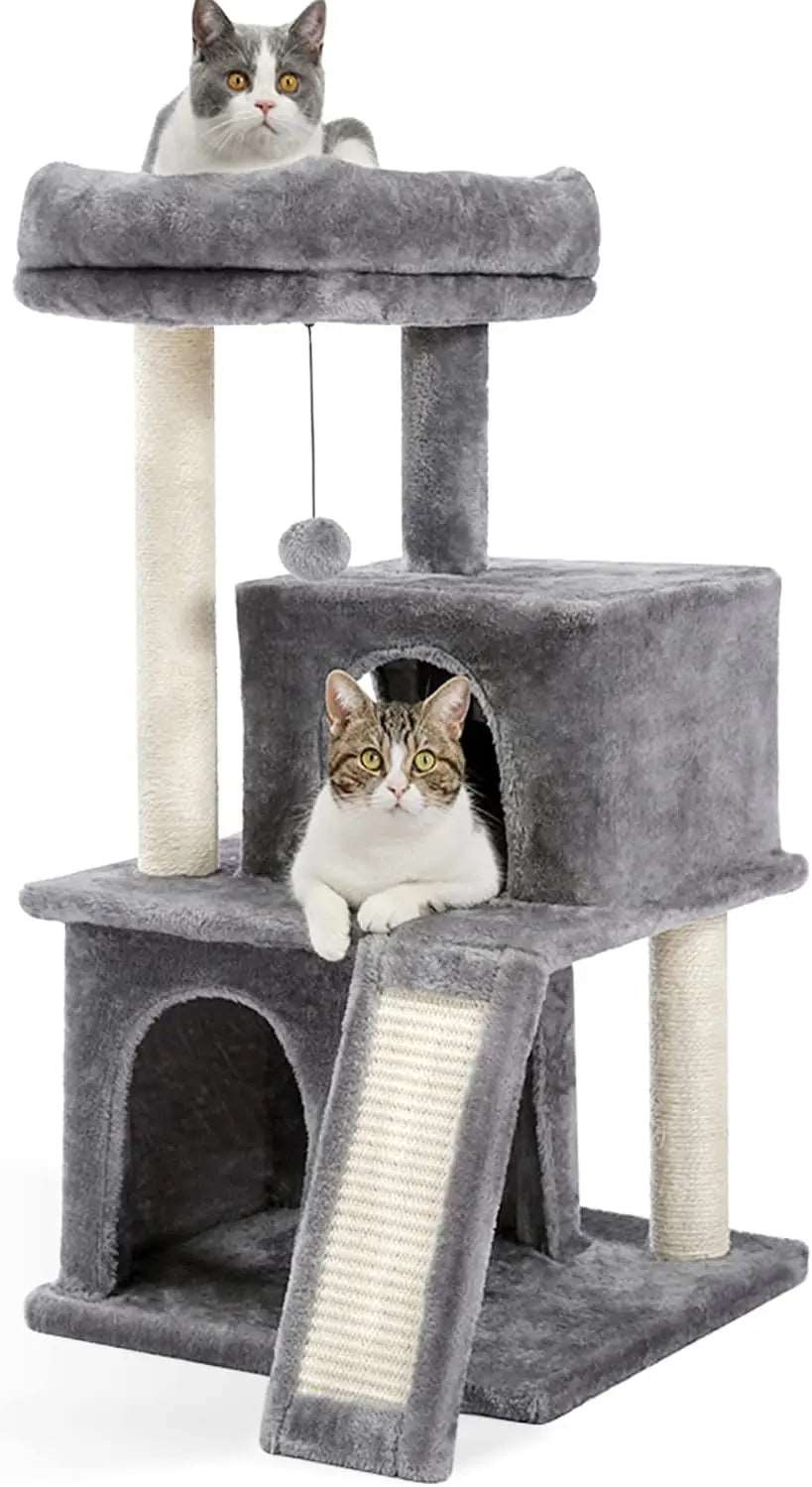 34" Grey Cat Tower with Double Condos, Spacious Perch, Fully Wrapped Scratching Sisal Posts and Replaceable Dangling Balls - Trendypet's Zone