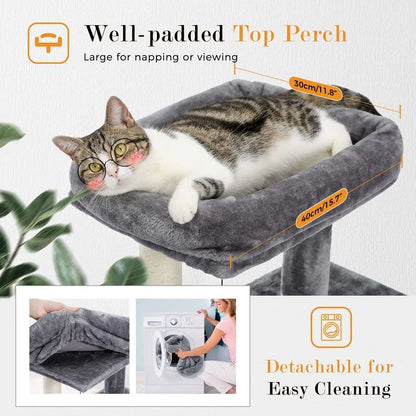 34" Grey Cat Tower with Double Condos, Spacious Perch, Fully Wrapped Scratching Sisal Posts and Replaceable Dangling Balls - Trendypet's Zone