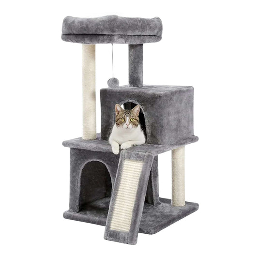 34" Grey Cat Tower with Double Condos, Spacious Perch, Fully Wrapped Scratching Sisal Posts and Replaceable Dangling Balls TRENDYPET'S ZONE