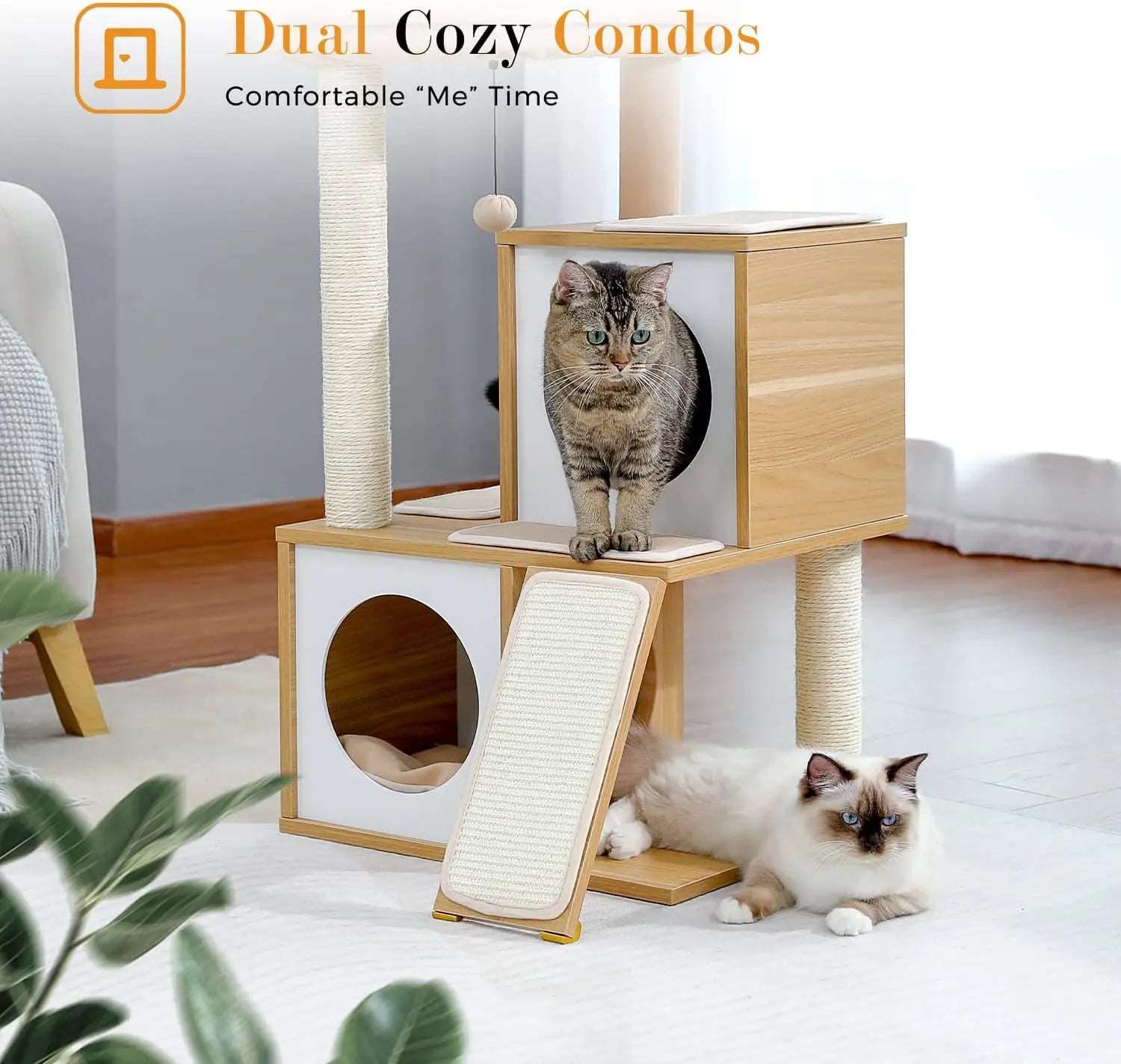 34" Wooden Beige Cat Tower with Double Condos, Spacious Perch, Fully Wrapped Scratching Sisal Posts and Replaceable Dangling Balls - Trendypet's Zone