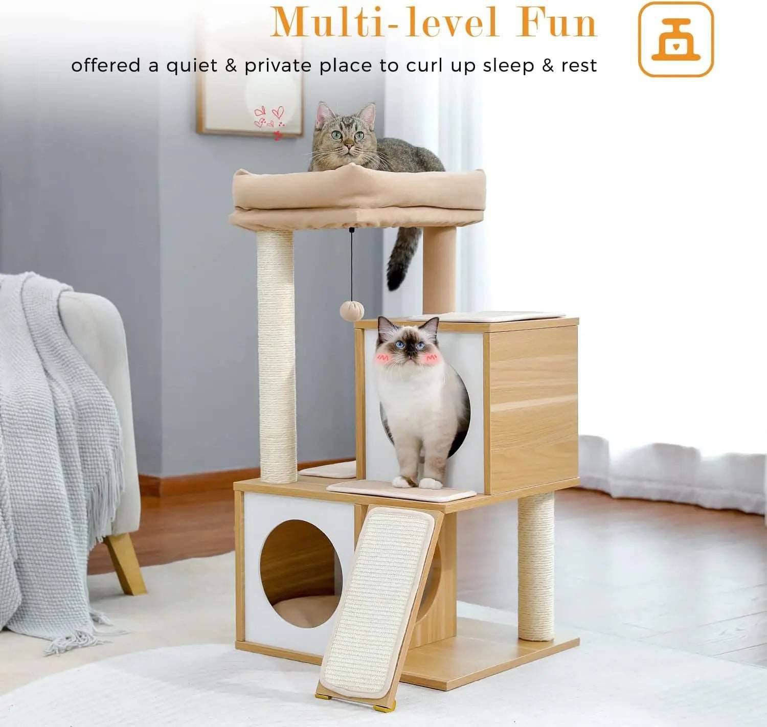 34" Wooden Beige Cat Tower with Double Condos, Spacious Perch, Fully Wrapped Scratching Sisal Posts and Replaceable Dangling Balls - Trendypet's Zone