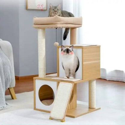 34" Wooden Beige Cat Tower with Double Condos, Spacious Perch, Fully Wrapped Scratching Sisal Posts and Replaceable Dangling Balls - Trendypet's Zone