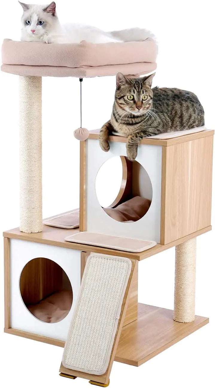 34" Wooden Beige Cat Tower with Double Condos, Spacious Perch, Fully Wrapped Scratching Sisal Posts and Replaceable Dangling Balls - Trendypet's Zone