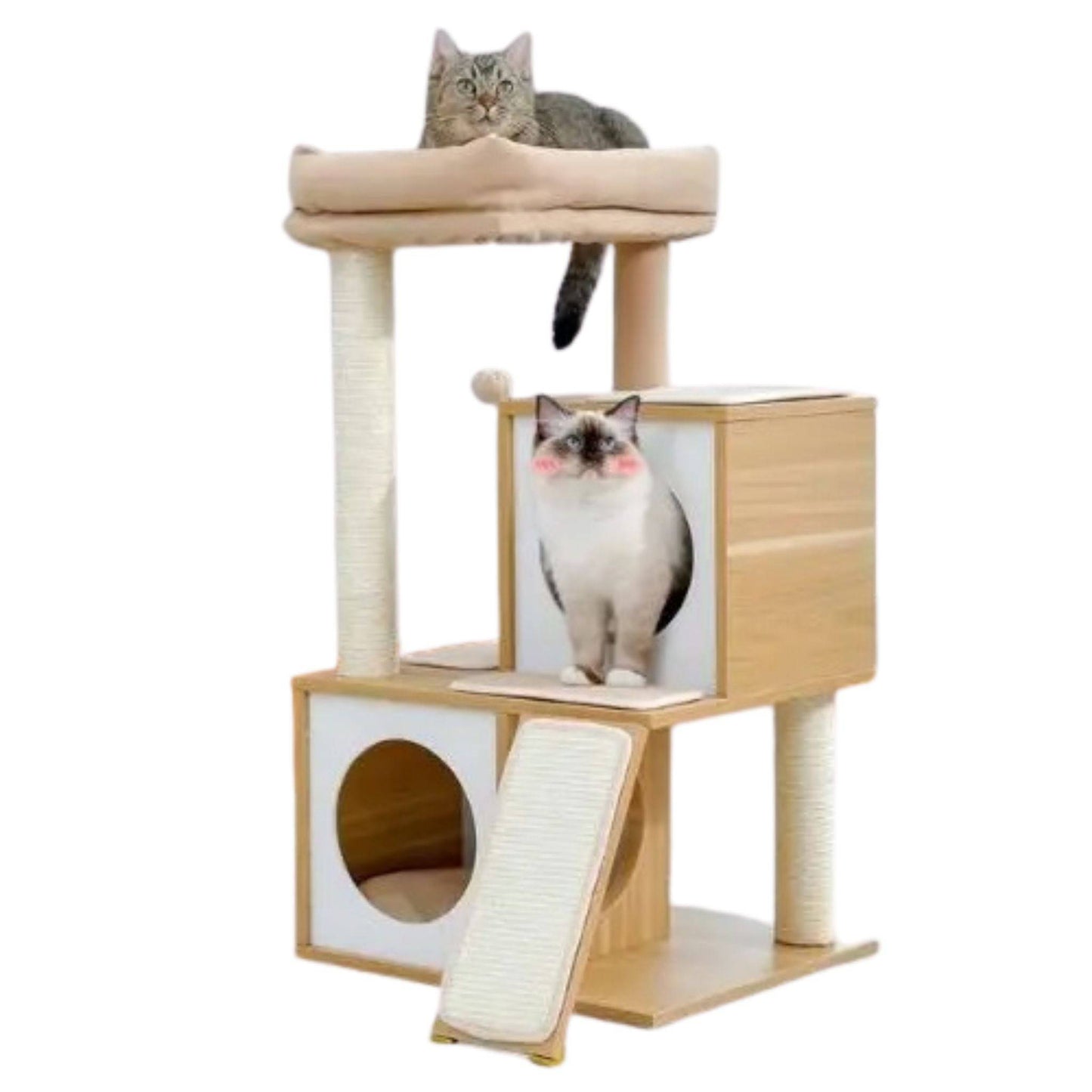 34" Wooden Beige Cat Tower with Double Condos, Spacious Perch, Fully Wrapped Scratching Sisal Posts and Replaceable Dangling Balls - Trendypet's Zone