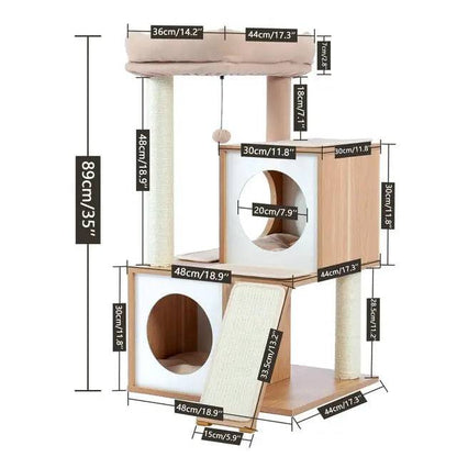 34" Wooden Beige Cat Tower with Double Condos, Spacious Perch, Fully Wrapped Scratching Sisal Posts and Replaceable Dangling Balls - Trendypet's Zone