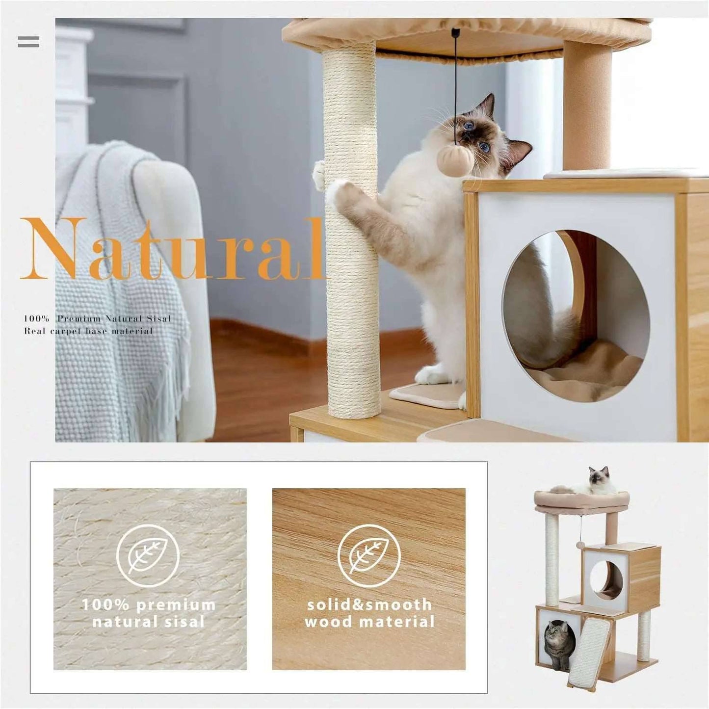 34" Wooden Beige Cat Tower with Double Condos, Spacious Perch, Fully Wrapped Scratching Sisal Posts and Replaceable Dangling Balls - Trendypet's Zone