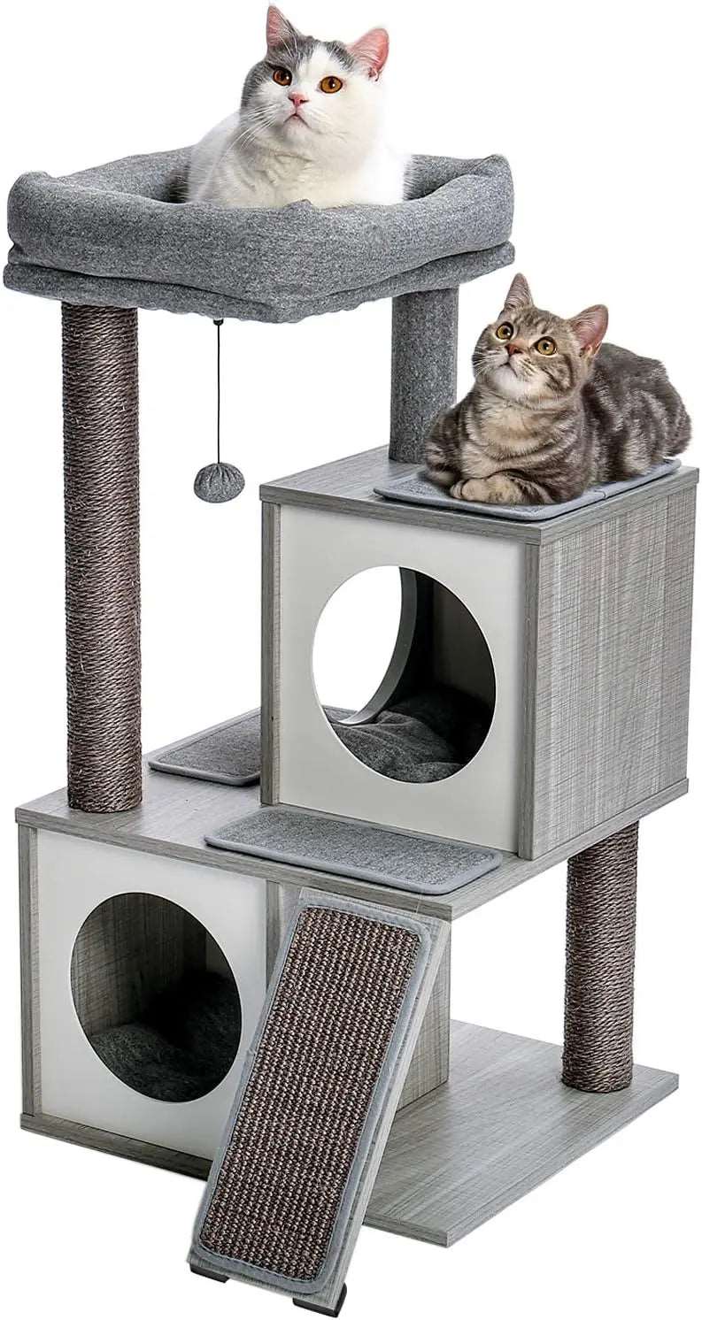 34" Wooden Grey Cat Tower with Double Condos, Spacious Perch, Fully Wrapped Scratching Sisal Posts and Replaceable Dangling Balls TRENDYPET'S ZONE