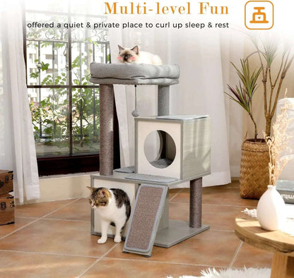 34" Wooden Grey Cat Tower with Double Condos, Spacious Perch, Fully Wrapped Scratching Sisal Posts and Replaceable Dangling Balls TRENDYPET'S ZONE