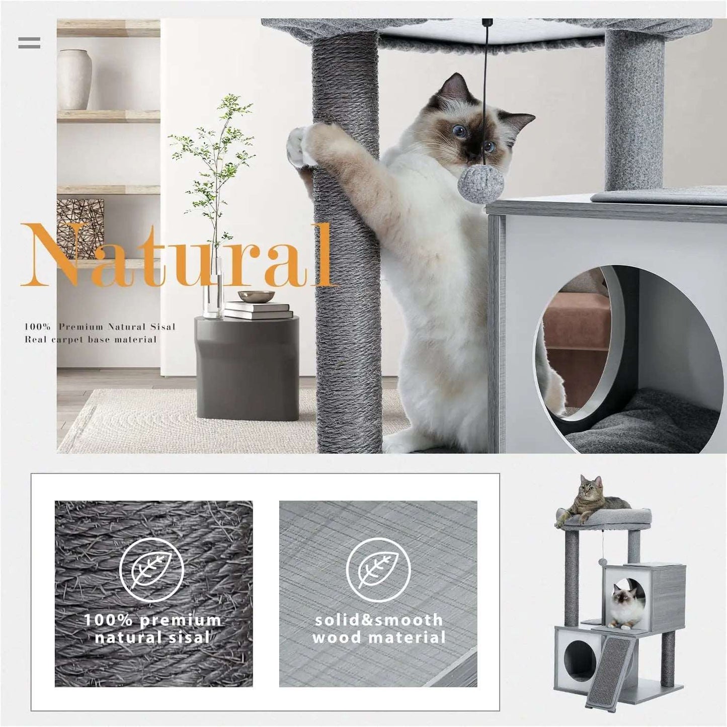 34" Wooden Grey Cat Tower with Double Condos, Spacious Perch, Fully Wrapped Scratching Sisal Posts and Replaceable Dangling Balls TRENDYPET'S ZONE