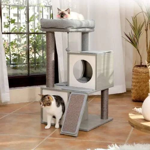 34" Wooden Grey Cat Tower with Double Condos, Spacious Perch, Fully Wrapped Scratching Sisal Posts and Replaceable Dangling Balls TRENDYPET'S ZONE