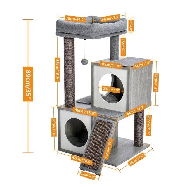 34" Wooden Grey Cat Tower with Double Condos, Spacious Perch, Fully Wrapped Scratching Sisal Posts and Replaceable Dangling Balls TRENDYPET'S ZONE