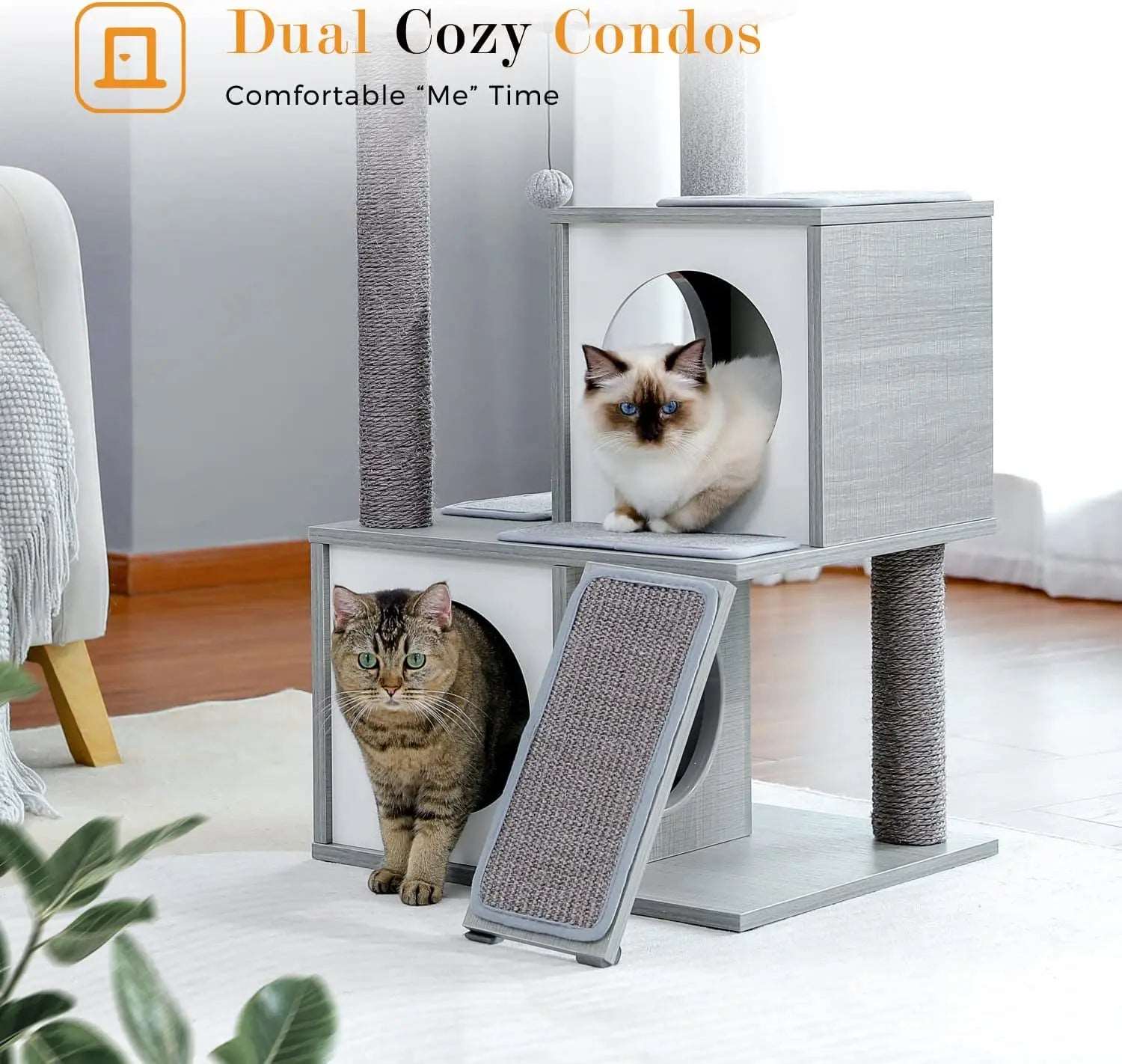 34" Wooden Grey Cat Tower with Double Condos, Spacious Perch, Fully Wrapped Scratching Sisal Posts and Replaceable Dangling Balls TRENDYPET'S ZONE