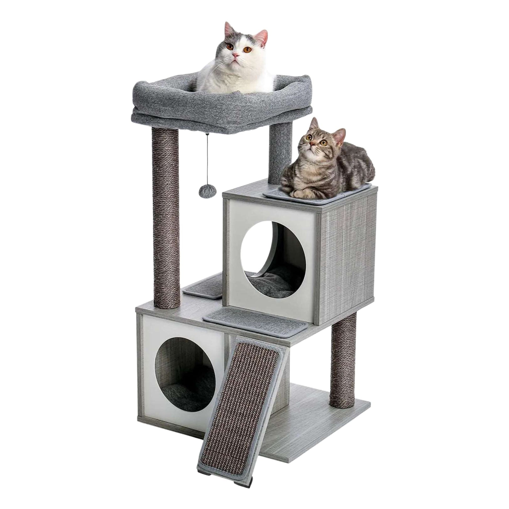 34" Wooden Grey Cat Tower with Double Condos, Spacious Perch, Fully Wrapped Scratching Sisal Posts and Replaceable Dangling Balls TRENDYPET'S ZONE