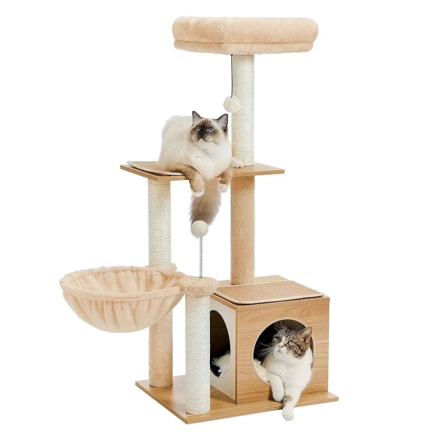 43.3" Beige Cat Tree Modern Tower for Indoor Multilevel Play House with Large Condo Spacious Hammock Cozy Top Perch TRENDYPET'S ZONE