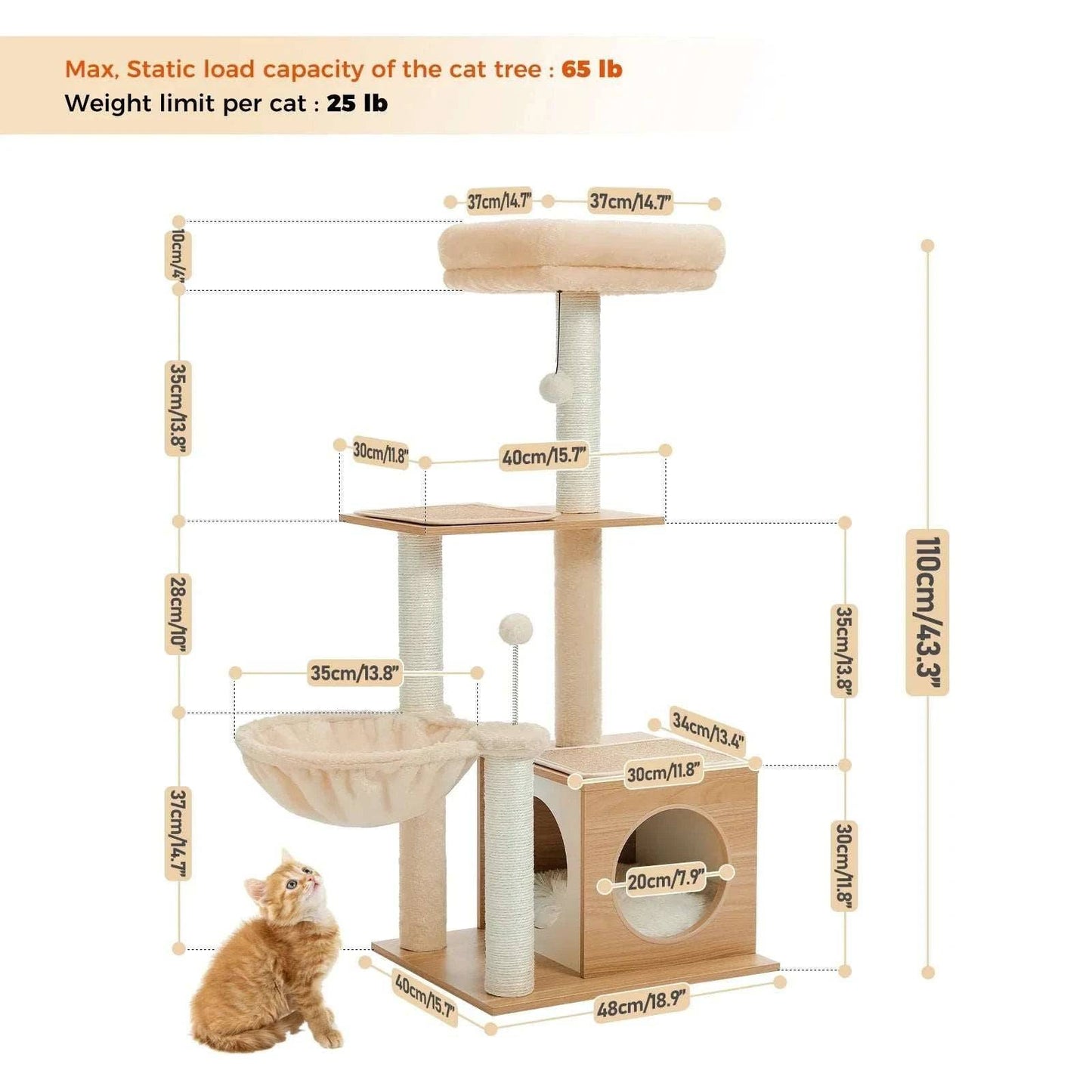 43.3" Beige Cat Tree Modern Tower for Indoor Multilevel Play House with Large Condo Spacious Hammock Cozy Top Perch TRENDYPET'S ZONE