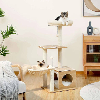 43.3" Beige Cat Tree Modern Tower for Indoor Multilevel Play House with Large Condo Spacious Hammock Cozy Top Perch TRENDYPET'S ZONE