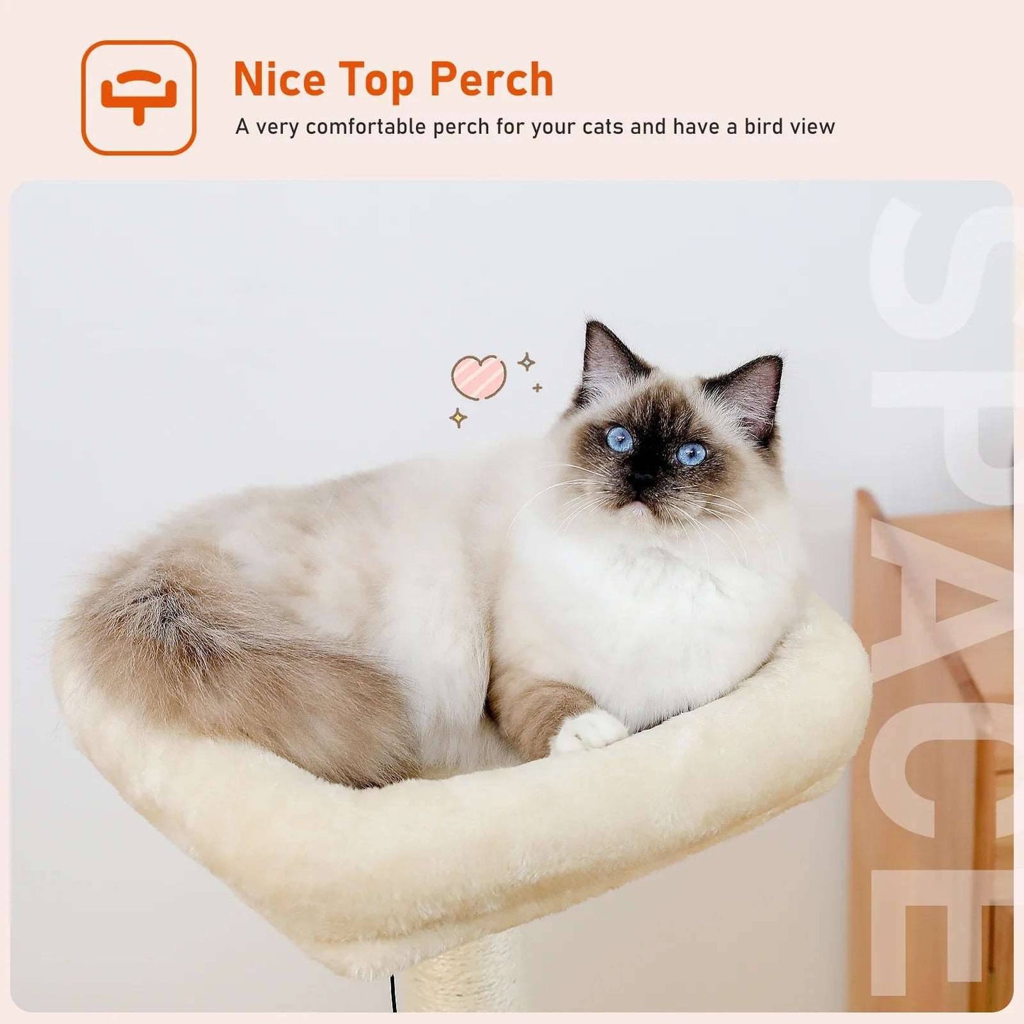 43.3" Beige Cat Tree Modern Tower for Indoor Multilevel Play House with Large Condo Spacious Hammock Cozy Top Perch TRENDYPET'S ZONE