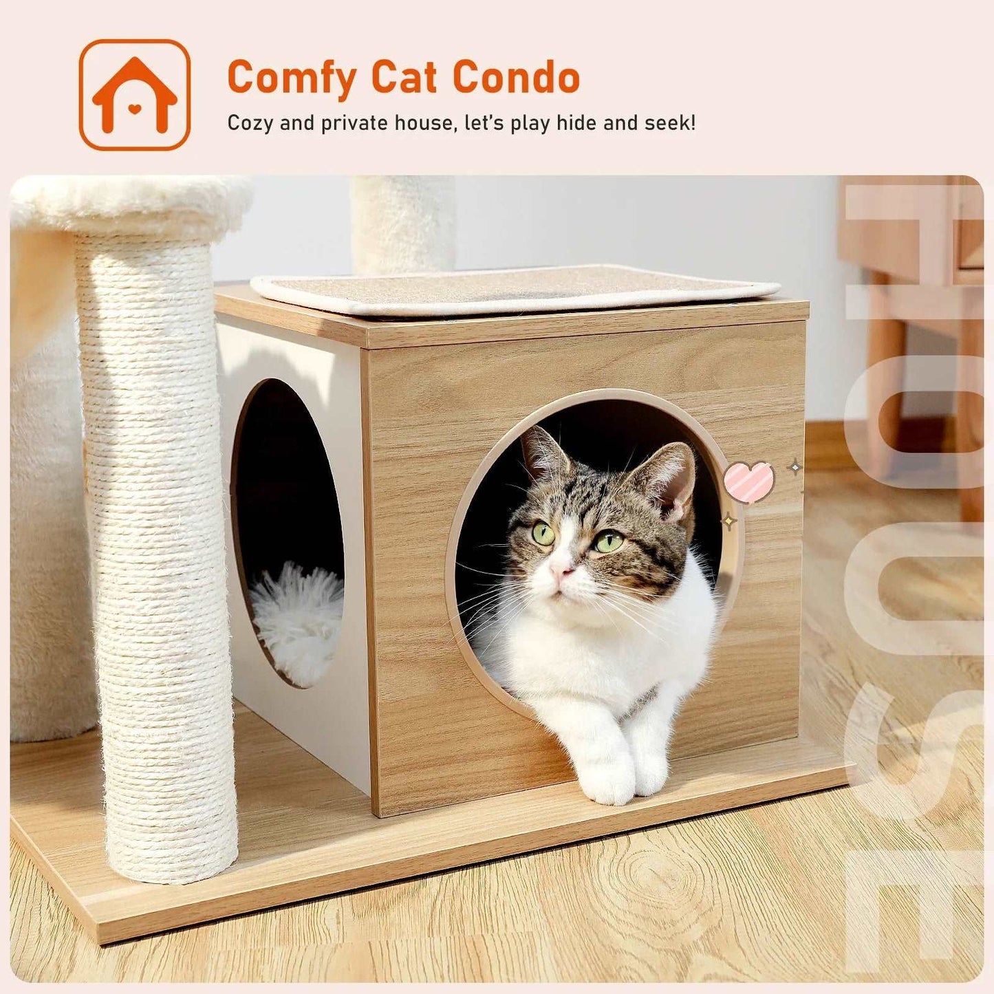 43.3" Beige Cat Tree Modern Tower for Indoor Multilevel Play House with Large Condo Spacious Hammock Cozy Top Perch TRENDYPET'S ZONE