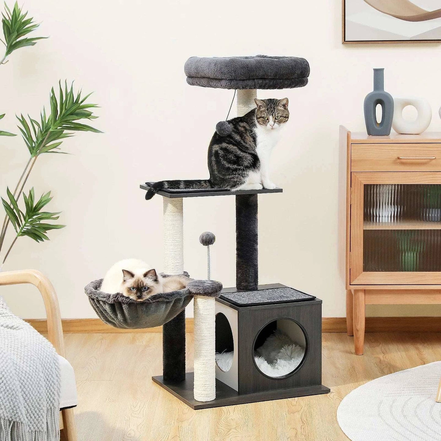 43.3" Black Cat Tree Modern Tower for Indoor Multilevel Play House with Large Condo Spacious Hammock Cozy Top Perch TRENDYPET'S ZONE