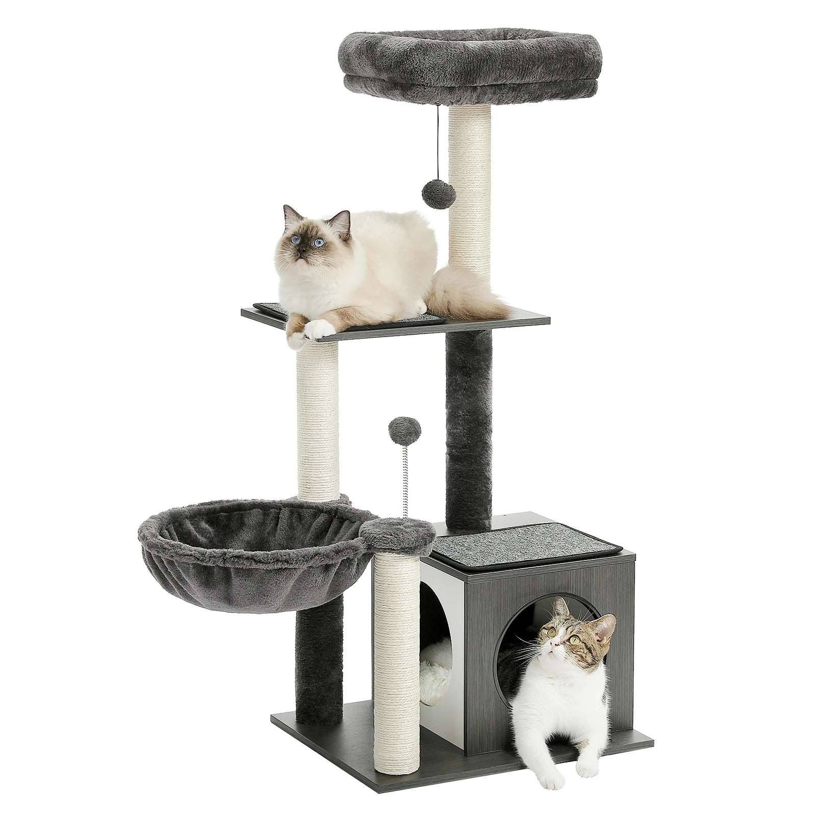 43.3" Black Cat Tree Modern Tower for Indoor Multilevel Play House with Large Condo Spacious Hammock Cozy Top Perch TRENDYPET'S ZONE