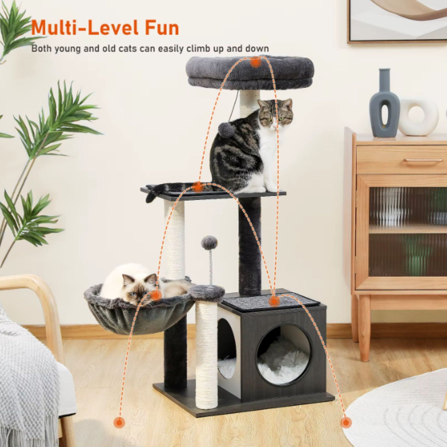 43.3" Black Cat Tree Modern Tower for Indoor Multilevel Play House with Large Condo Spacious Hammock Cozy Top Perch TRENDYPET'S ZONE