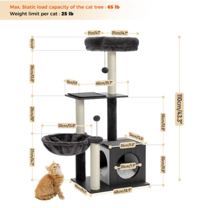 43.3" Black Cat Tree Modern Tower for Indoor Multilevel Play House with Large Condo Spacious Hammock Cozy Top Perch TRENDYPET'S ZONE