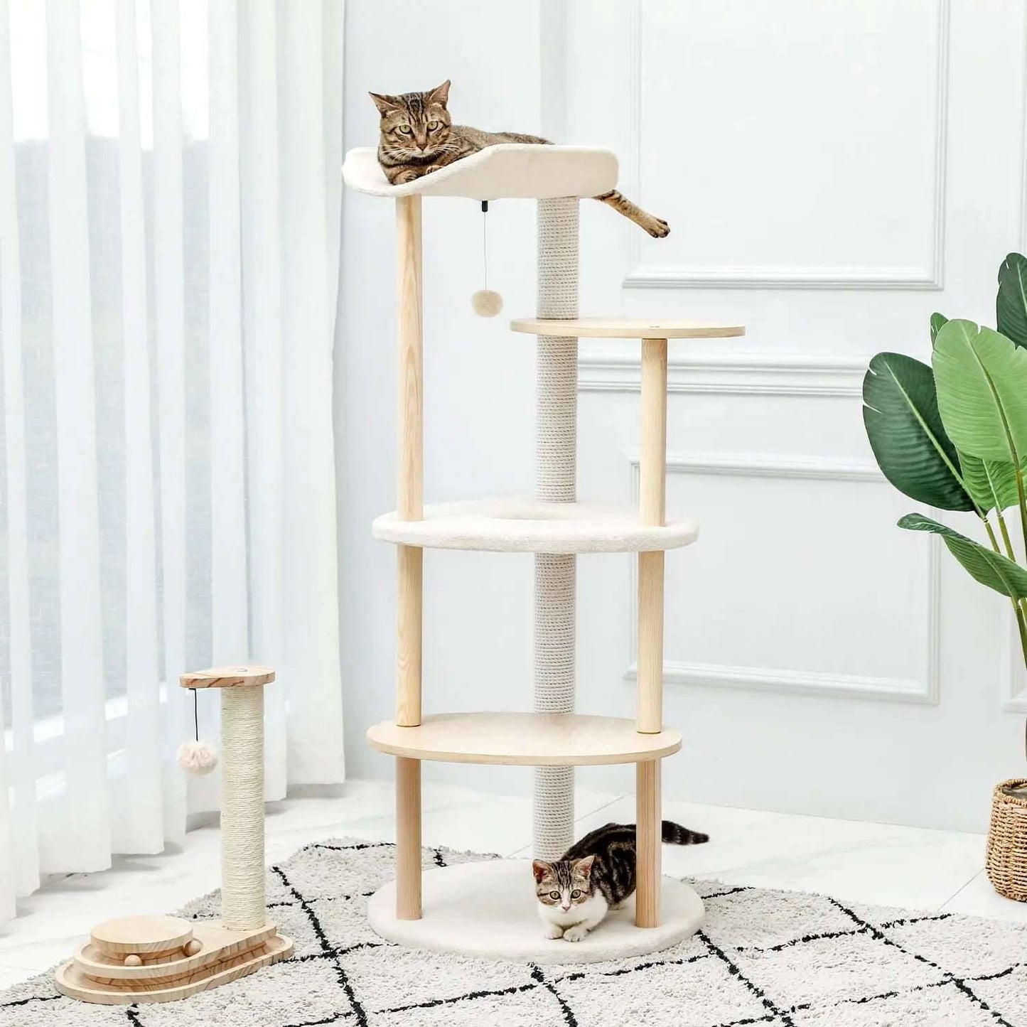 49" Cat Tree Indoor Soft Perch Wrapped Scratching Durable Plush Sisal Post Modern Tower Furniture Wooden Multi-level Jumping Platform with Condo and Comfortable Perch Beige TRENDYPET'S ZONE