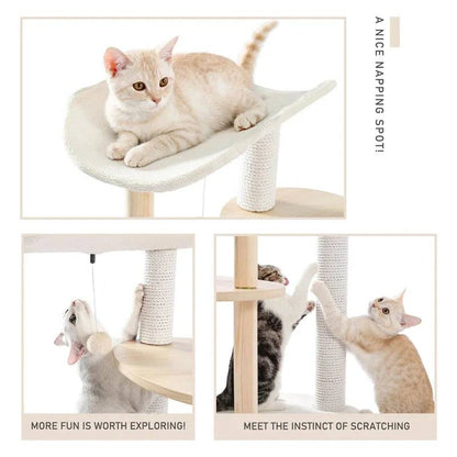 49" Cat Tree Indoor Soft Perch Wrapped Scratching Durable Plush Sisal Post Modern Tower Furniture Wooden Multi-level Jumping Platform with Condo and Comfortable Perch Beige TRENDYPET'S ZONE