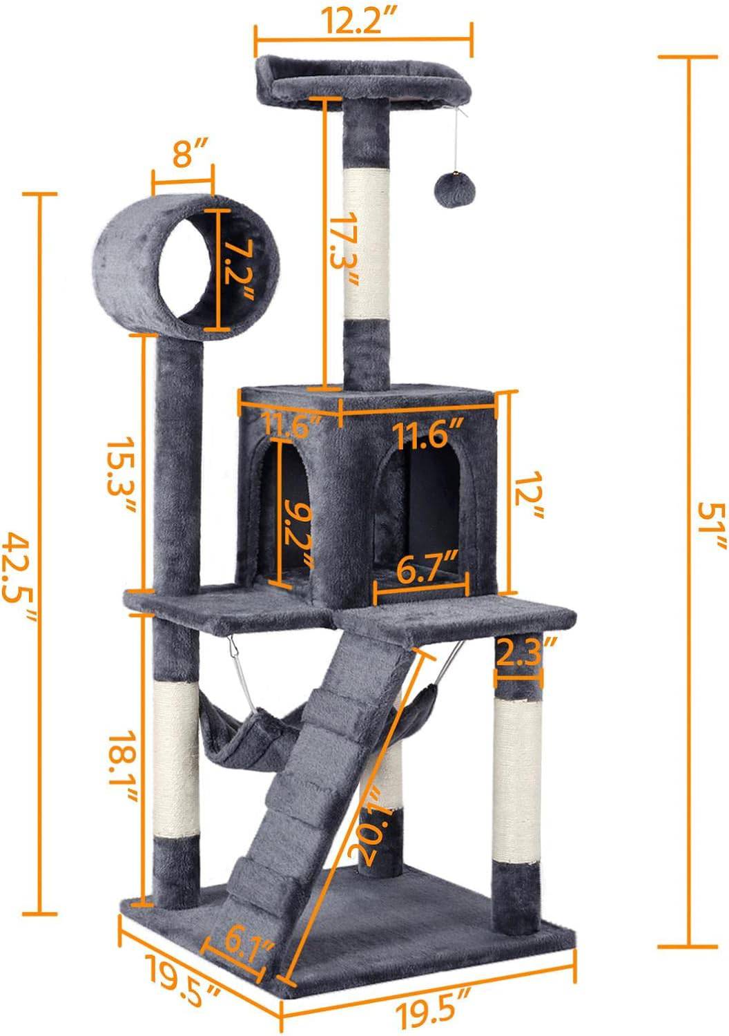 51" Dark Gray Cat Tree with Hammock and Scratching Post Tower House Scratcher TRENDYPET'S ZONE