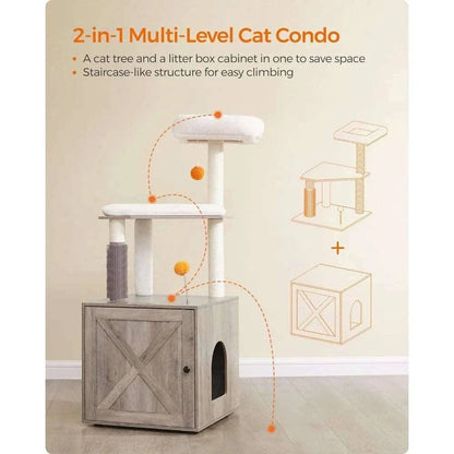 52.8" Beige Cat Tree with Litter Box Enclosure 2-in-1 Modern Cat Tower for Indoor Cats TRENDYPET'S ZONE