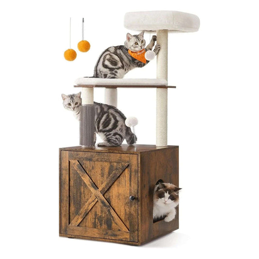 52.8" Rustic Brown Cat Tree with Litter Box Enclosure 2-in-1 Modern Cat Tower for Indoor Cats TRENDYPET'S ZONE