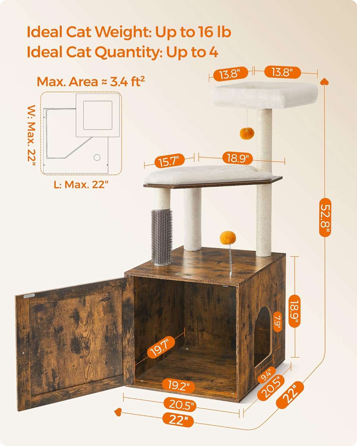 52.8" Rustic Brown Cat Tree with Litter Box Enclosure 2-in-1 Modern Cat Tower for Indoor Cats TRENDYPET'S ZONE