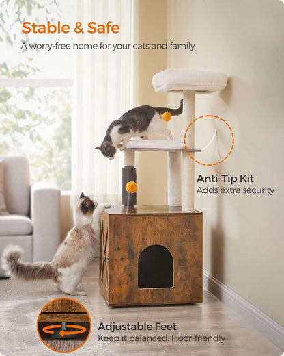 52.8" Rustic Brown Cat Tree with Litter Box Enclosure 2-in-1 Modern Cat Tower for Indoor Cats TRENDYPET'S ZONE