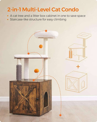 52.8" Rustic Brown Cat Tree with Litter Box Enclosure 2-in-1 Modern Cat Tower for Indoor Cats TRENDYPET'S ZONE