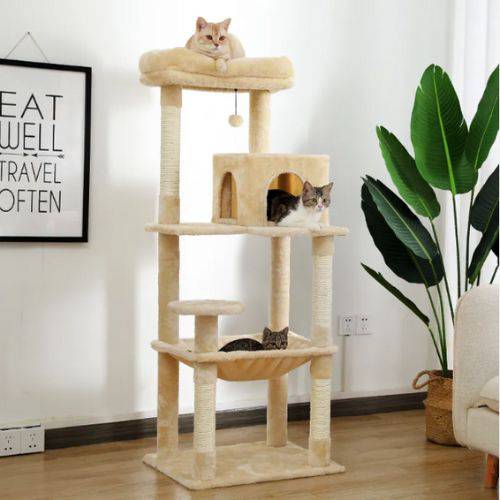 56.3" Beige Cat Tree Plush Cat Tower Multilevel Cat Play House with Sisal Scratching Posts, Spacious Hammock and Large Condos TRENDYPET'S ZONE