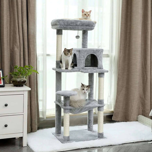 56.3" Grey Cat Tree Plush Cat Tower Multilevel Cat Play House with Sisal Scratching Posts, Spacious Hammock and Large Condos - Trendypet's Zone