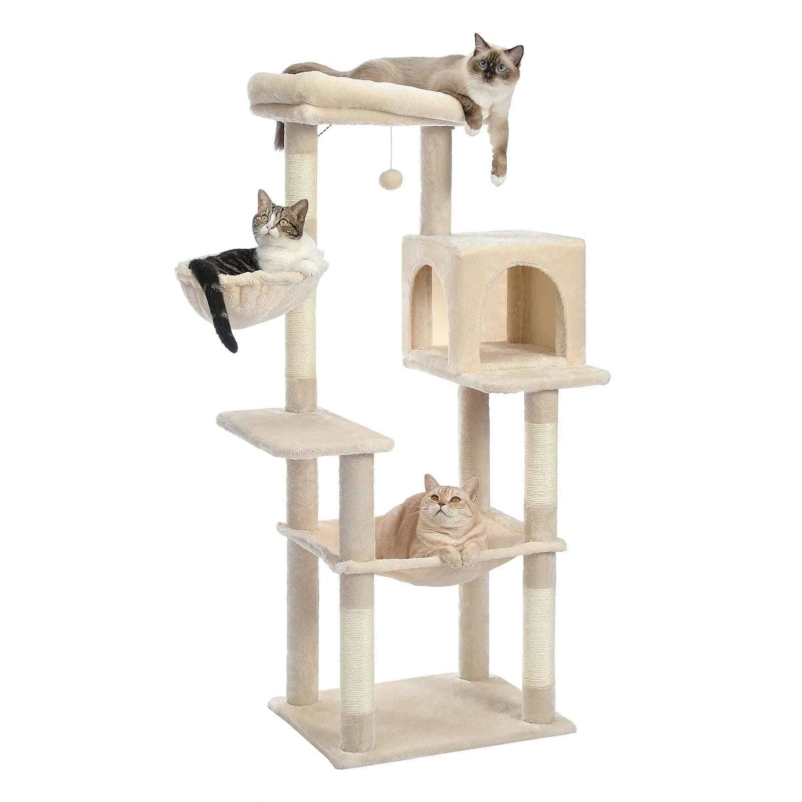 56.3" Beige Cat Tree Plush Tower Multilevel Play House with Sisal Scratching Posts, Spacious Hammock and Large Condos Upgrade TRENDYPET'S ZONE