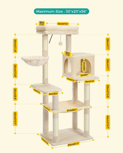 56.3" Beige Cat Tree Plush Tower Multilevel Play House with Sisal Scratching Posts, Spacious Hammock and Large Condos Upgrade TRENDYPET'S ZONE