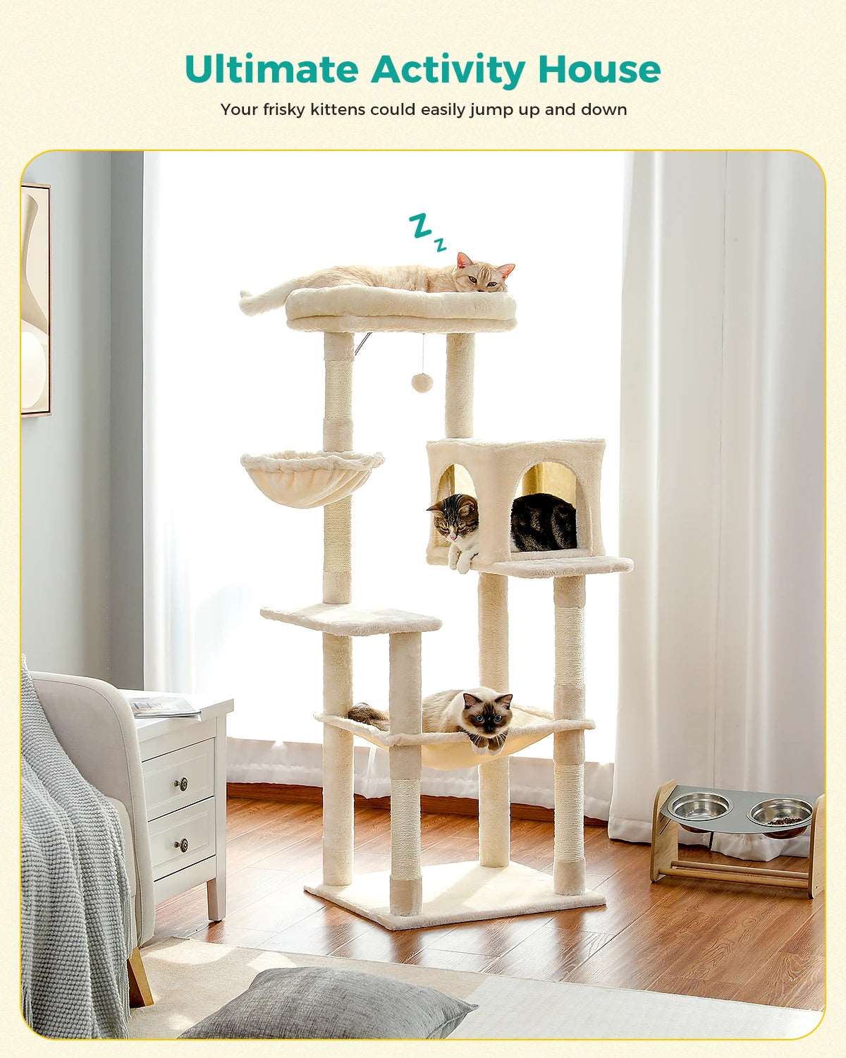 56.3" Beige Cat Tree Plush Tower Multilevel Play House with Sisal Scratching Posts, Spacious Hammock and Large Condos Upgrade TRENDYPET'S ZONE