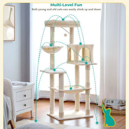 56.3" Beige Cat Tree Plush Tower Multilevel Play House with Sisal Scratching Posts, Spacious Hammock and Large Condos Upgrade TRENDYPET'S ZONE