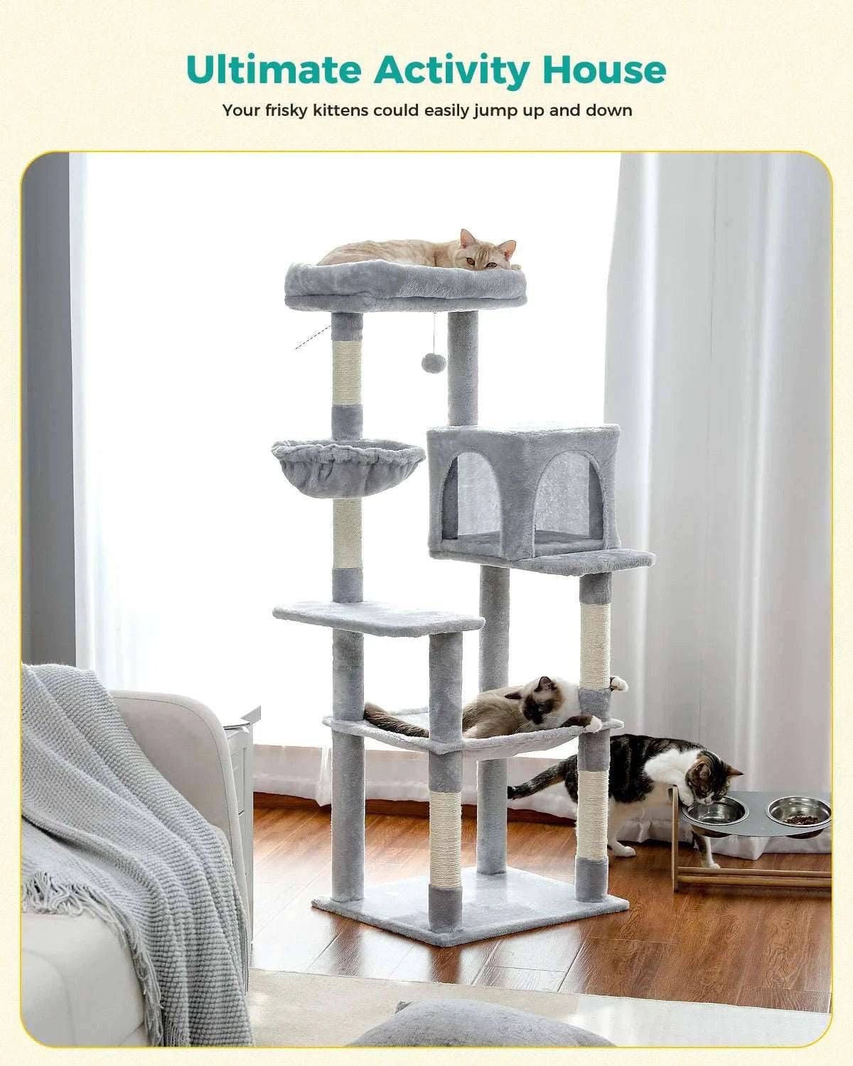 56.3" Gray Cat Tree Plush Tower Multilevel Play House with Sisal Scratching Posts, Spacious Hammock and Large Condos Upgrade TRENDYPET'S ZONE